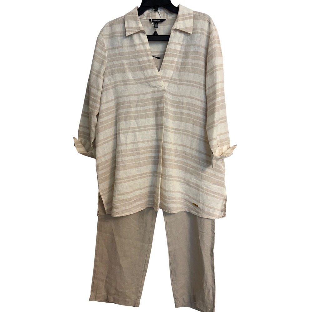 Ellen Tracy Pant Set L/10 Beige Linen, Summer, Beach, Travel, Coastal, Striped
